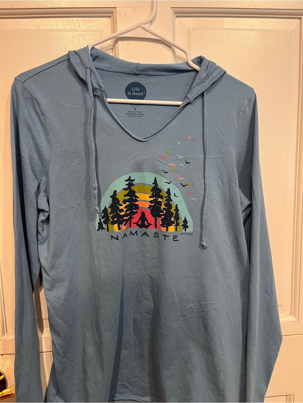 Life Is Good Light Blue Hooded 'Namaste' Nature Graphic Tee